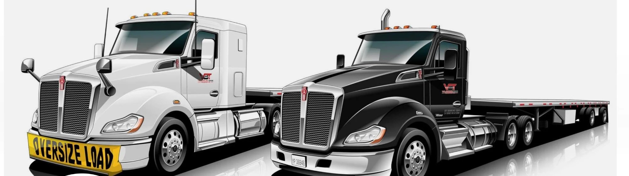Illustration of two Velazquez Bros Kenworth tractors — one running an oversize load banner, one coupled to a flatbed trailer